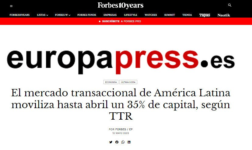 El mercado transaccional de Amrica Latina moviliza hasta abril un 35% de capital, segn TTR